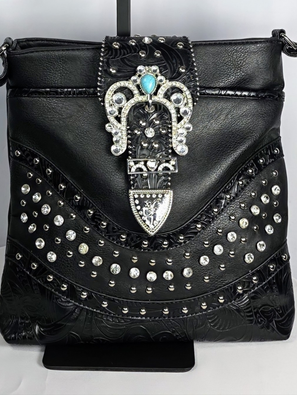 estern Rhinestone Studded Crossbody Tote Black Leather Look Bag - Picture 3 of 4